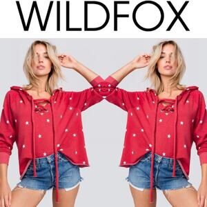 Wildfox football star Hutton pullover hoodie star print cotton lace up raw hem M